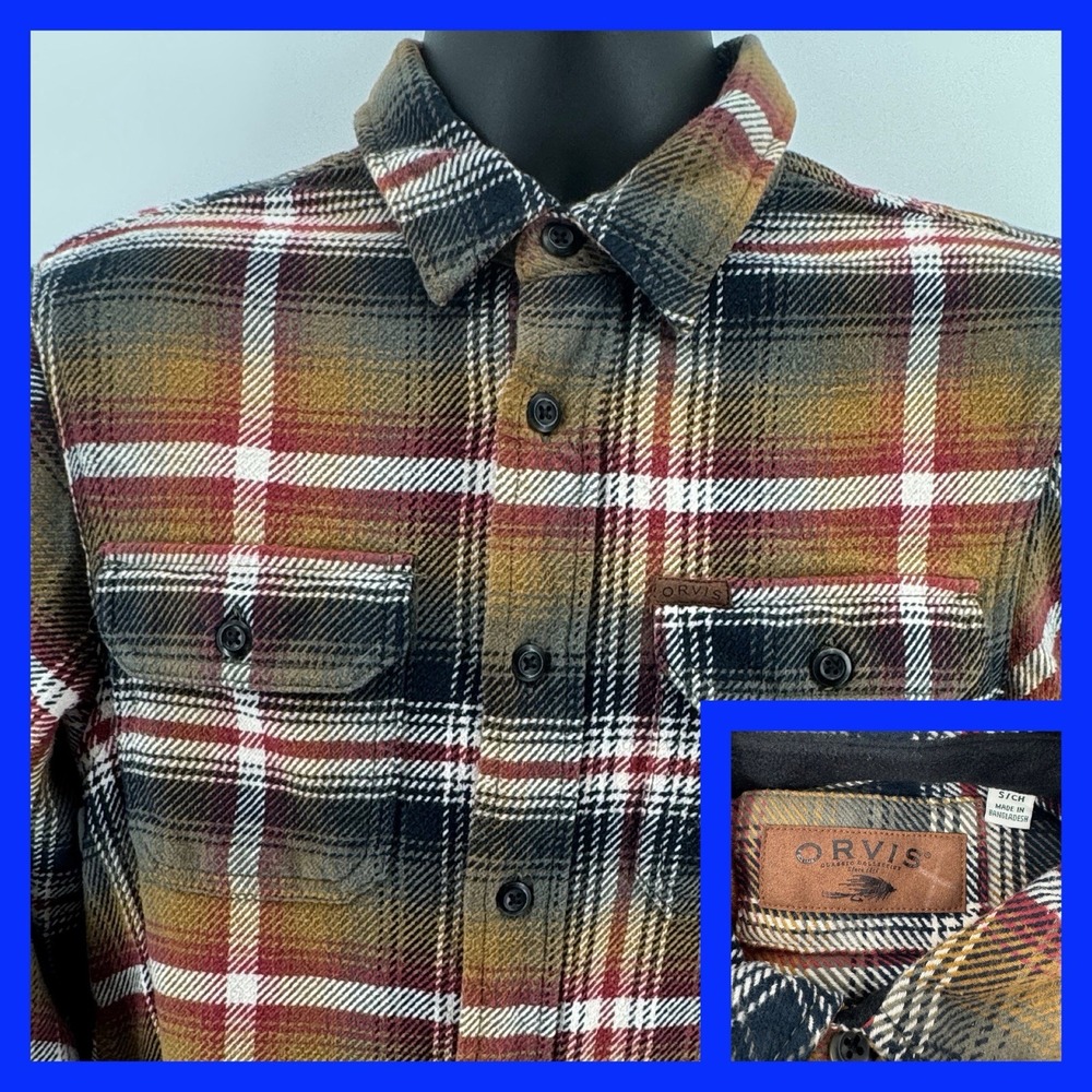 Orvis Flannel Shirt Mens Small Brown Plaid Heavyweight Cotton Button Down LS